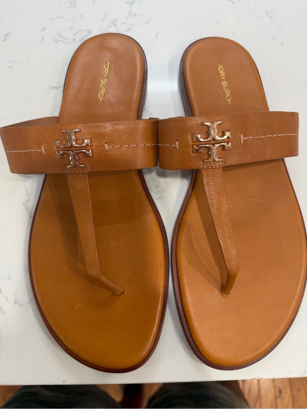 Tory Burch Cognac Leather Thong Sandals with Logo Hardware